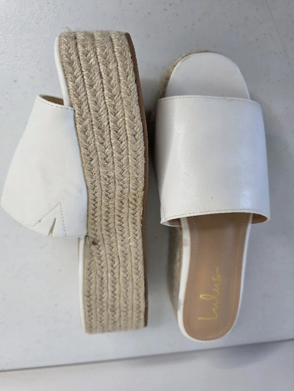 Lulus O'ahu White Espadrille Platforms Size 8 Soft Faux Leather Slides Coastal
